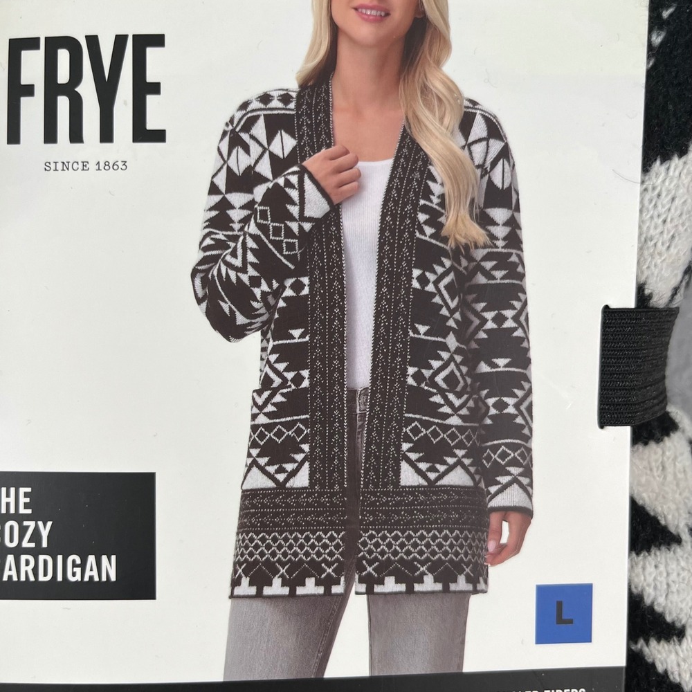 NEW FRYE Women's The Cozy Cardigan Blk/wht Geometric Jacquard Knit Open Front L - Picture 2 of 5